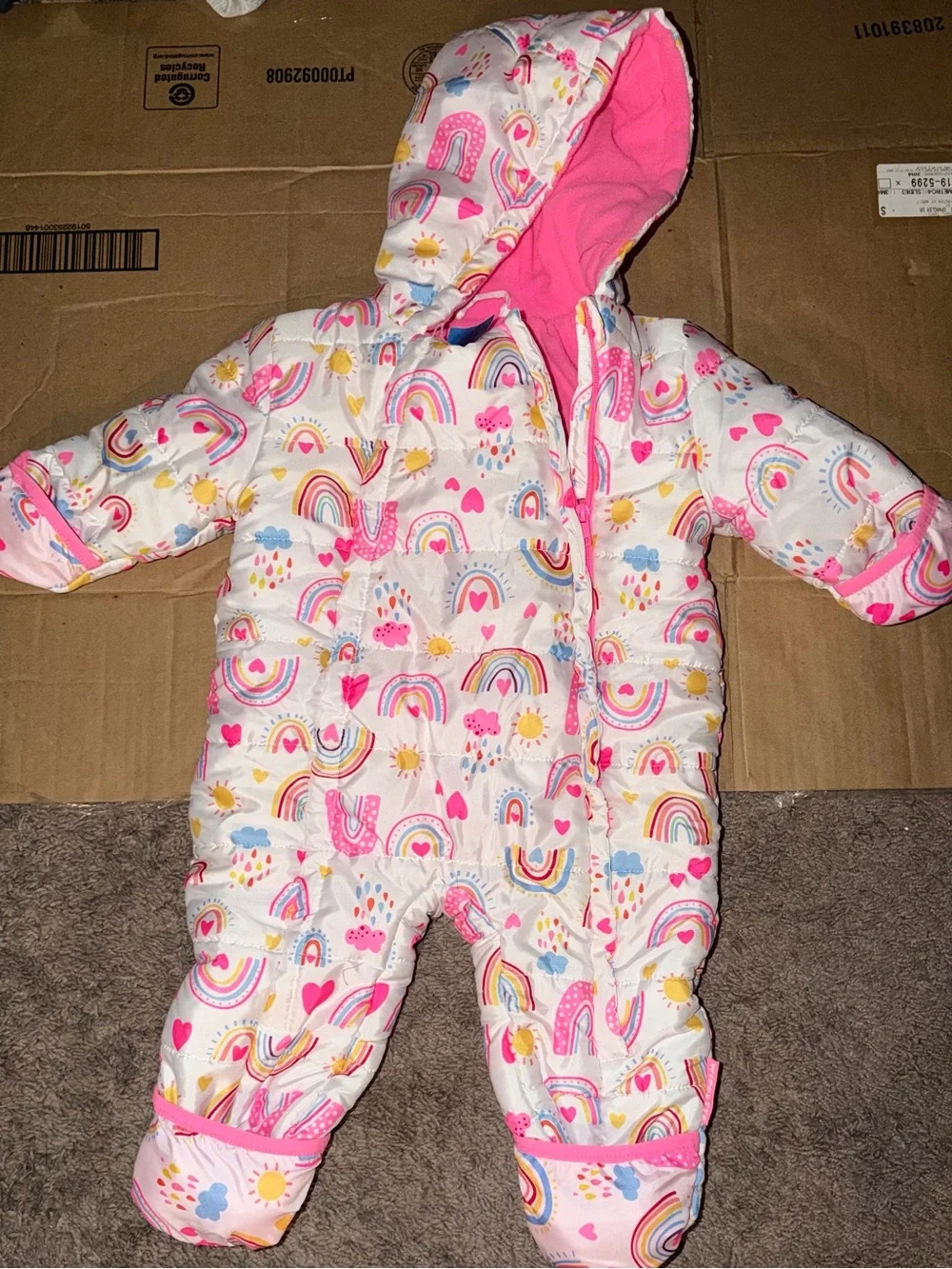 Infant Pink Rainbow Hooded Snowsuit One-Piece